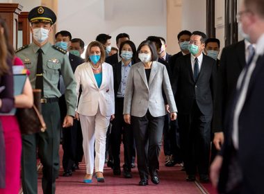 US House Speaker Nancy Pelosi, center left, and Taiwanese President President Tsai Ing-wen arrive for a meeting in Taipei, Taiwan, Wednesday, August 3. (Taiwan Presidential Office/AP)
