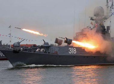 The Russian corvette Aleksin fires missiles during a parade marking Navy Day in Baltiysk in the Kaliningrad region, Russia July 31, 2022. REUTERS/Vitaly Nevar