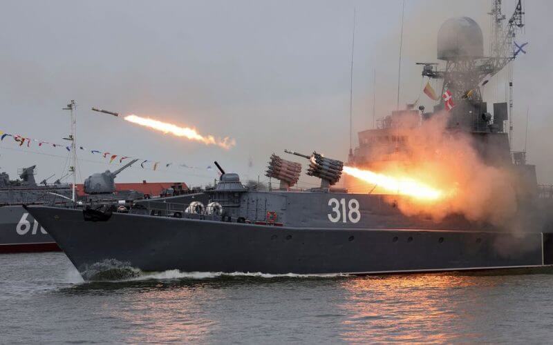 The Russian corvette Aleksin fires missiles during a parade marking Navy Day in Baltiysk in the Kaliningrad region, Russia July 31, 2022. REUTERS/Vitaly Nevar