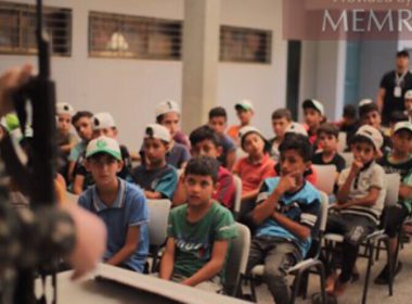 Young boys hear a lesson about weapons in a camp in Jebalia, July 25-28, 2022. Credit: MEMRI.