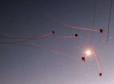 Smoke trails are seen as rockets launched from the Gaza Strip are intercepted by the Israeli Iron Dome in Sderot, August 7, 2022. (Photo: Yossi Zamir/Flash90)