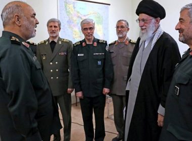 Iranian Supreme Leader Ayatollah Ali Khamenei (far right) promotes Hossein Salami (far left) to commander-in-chief of the Islamic Revolutionary Guard Corps on April 21, 2019, in the presence of Iran’s military and IRGC leadership. Source: Iran Press.