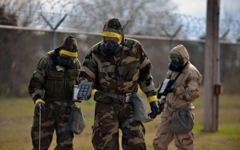 Airman 1st Class Bryan Chang and Senior Airmen Amanda McCollum and Justin Nazari, all Air National Guard emergency managers, search for radioactive material during a Global Dragon training event at the Guardian Center of Georgia on March 15, 2015. (New York Air National Guard / Staff Sgt. Christopher S. Muncy / released).
