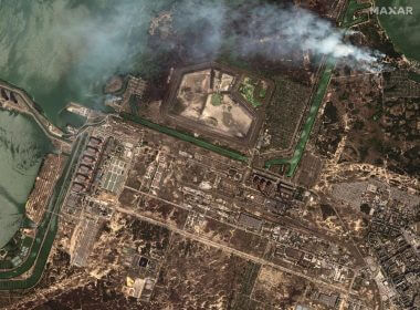 This satellite image provided by Maxar Technologies shows bush fires outside of the main power plant facilities at the Zaporizhzhia nuclear plant in Russian occupied Ukraine, Monday Aug. 29, 2022. (Satellite image ©2022 Maxar Technologies via AP)