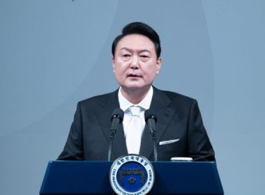 South Korean President Yoon Suk-yeol speaks during an inaugural dinner at a hotel, after his inauguration ceremony at the new presidential office in Seoul on May 10, 2022. (Jeon Heon-Kyun/Pool via Getty Images)