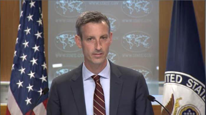 Department of State Press Secretary Ned Price is seen answering questions in a daily press briefing in Washington on Aug. 16, 2022 in this image captured from the department's website. (Yonhap)