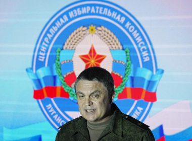 Leonid Pasechnik, leader of self-proclaimed Luhansk People's Republic, comments results of a referendum in Luhansk, Luhansk People's Republic controlled by Russia-backed separatists, eastern Ukraine, Tuesday, Sept. 27, 2022. AP