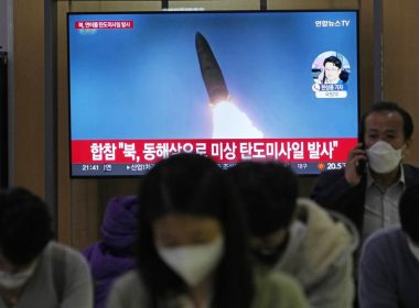 A TV screen shows a file image of North Korea's missile launch during a news program at the Seoul Railway Station in Seoul, South Korea, Thursday, Sept. 29, 2022. AP