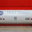 The logo of the Nord Stream 2 gas pipeline project is seen on a large diameter pipe at Chelyabinsk Pipe Rolling Plant owned by ChelPipe Group in Chelyabinsk, Russia February 26, 2020. REUTERS/Maxim Shemetov