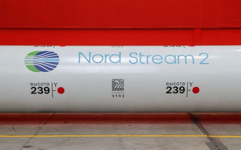 The logo of the Nord Stream 2 gas pipeline project is seen on a large diameter pipe at Chelyabinsk Pipe Rolling Plant owned by ChelPipe Group in Chelyabinsk, Russia February 26, 2020. REUTERS/Maxim Shemetov