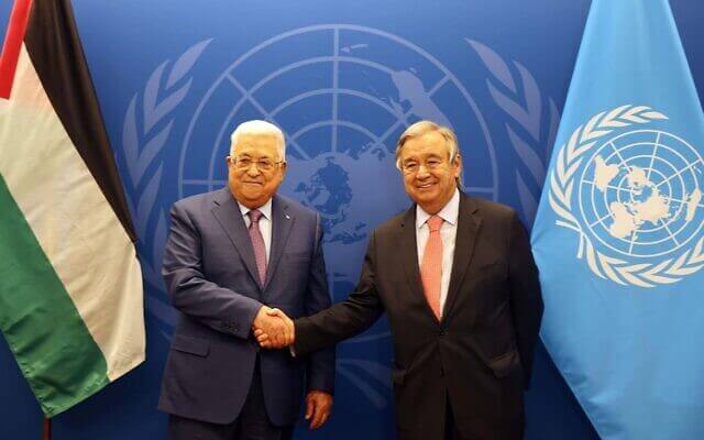 Palestinian Authority President Mahmoud Abbas (L) meets with UN Secretary-General Antonio Guterres at the United Nations headquarters in New York on September 19, 2022. (Mission of Palestine to the UN/Twitter)