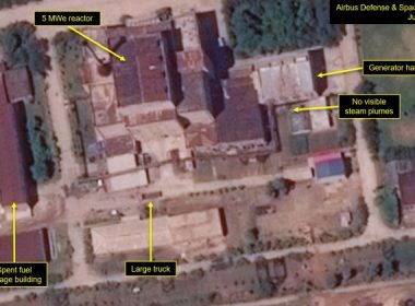 Satellite image of North Korea’s Yongbyon Nuclear Scientific Research Center captured on June 21, showing a new cooling water pump house built for its nuclear reactor. (Airbus Defense and Space/38 North)