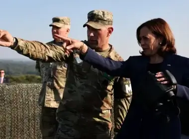 Vice President Kamala Harris looks towards the north side of the border at the Demilitarized Zone in Paju, South Korea, on Thursday. (SeongJoon Cho/Bloomberg via Getty Images)