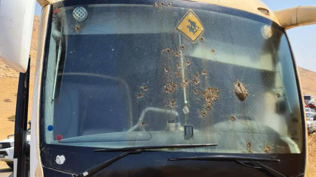 Bullet holes on the bus windshield from a terror attack, Sept. 4, 2022 (Photo: Bus Driver's Union)