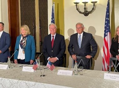 US Senators including Lindsey Graham and Bob Menendez (center) at a press conference in Jerusalem on September 5, 2022. (Jeremy Sharon)