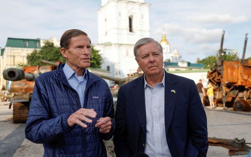 U.S. Senators Lindsey Graham (R-SC) and Richard Blumenthal (D-CT) speak during an interview with Reuters, as Russia's attack on Ukraine continues, in Kyiv, Ukraine July 7, 2022. REUTERS/Valentyn Ogirenko/File Photo
