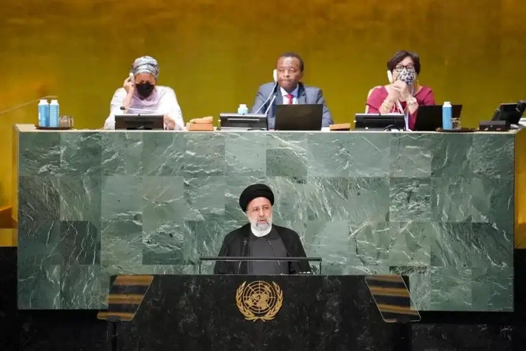 President Ebrahim Raisi addresses the 77th session of the United Nations General Assembly in New York, the United States, on September 21, 2022. AP Photo/Mary AltafferIranian