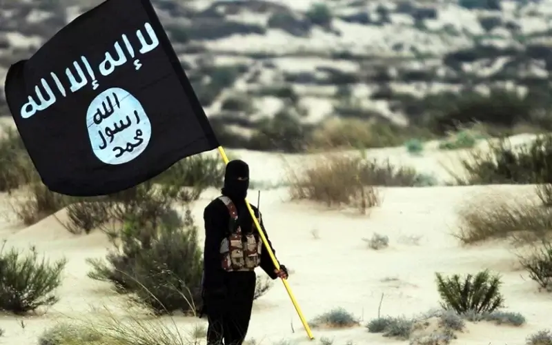 A masked Islamic State soldier poses holding the ISIS flag in 2015. A New York City man and his wife have pleaded guilty to attempting to provide the terror group with material support, the Justice Department said. (Pictures from History/Universal Images Group via Getty Images)
