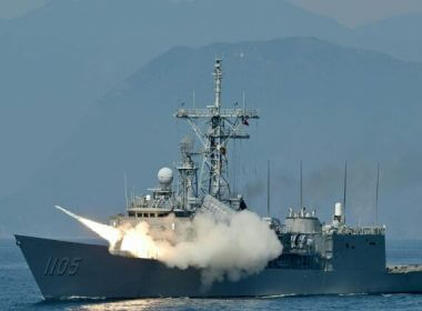 Taiwanese navy launches a US-made Standard missile from a frigate during the annual Han Kuang Drill, on the sea near the Suao navy harbor in Yilan county, Taiwan on July 26, 2022. (Sam Yeh/AFP via Getty Images)