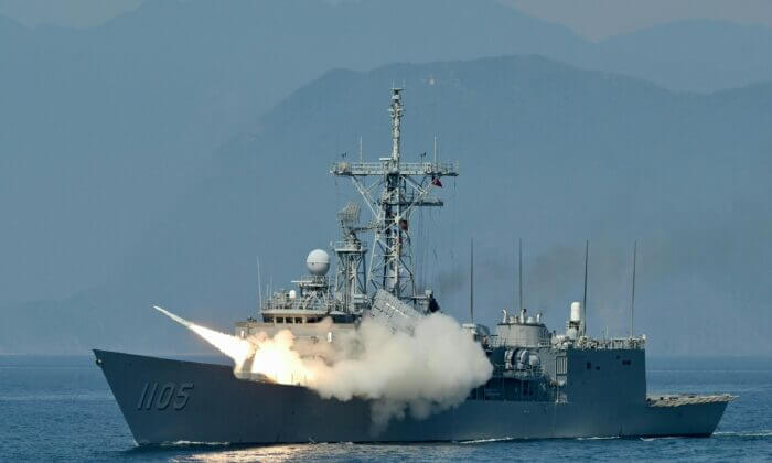 Taiwanese navy launches a US-made Standard missile from a frigate during the annual Han Kuang Drill, on the sea near the Suao navy harbor in Yilan county, Taiwan on July 26, 2022. (Sam Yeh/AFP via Getty Images)