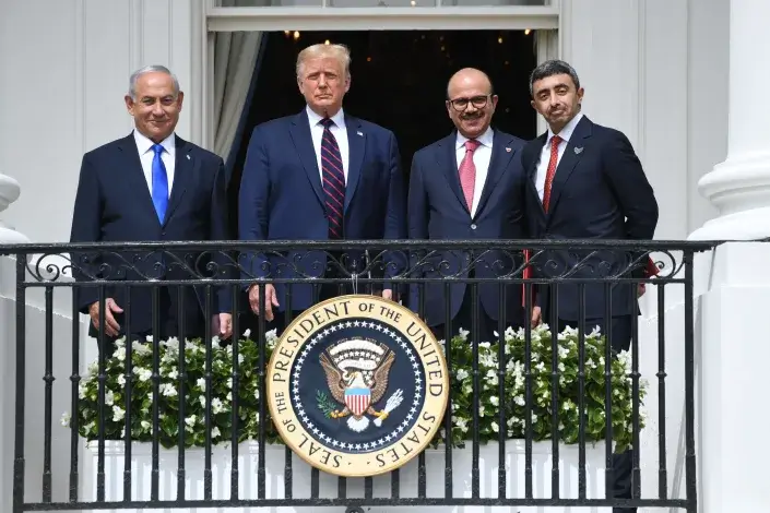 From left, Israeli Prime Minister Benjamin Netanyahu, President Donald Trump, Bahraini Foreign Minister Abdullatif Al Zayani and United Arab Emirates Foreign Minister Abdullah bin Zayed Al Nahyan participated in the signing of the Abraham Accords. yahoo.com