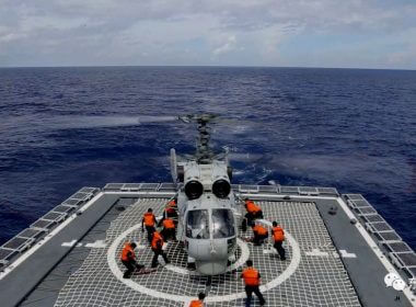 A Navy Force helicopter under the Eastern Theatre Command of China's People's Liberation Army (PLA) takes part in military exercises in the waters around Taiwan, at an undisclosed location August 8, 2022 in this handout picture released on August 9, 2022. Eastern Theatre Command/Handout via REUTERS