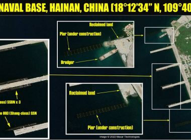 Imagery of the Yulin naval base on the southern tip of China’s Hainan Island was taken July 31. (Google; Maxar Technologies)