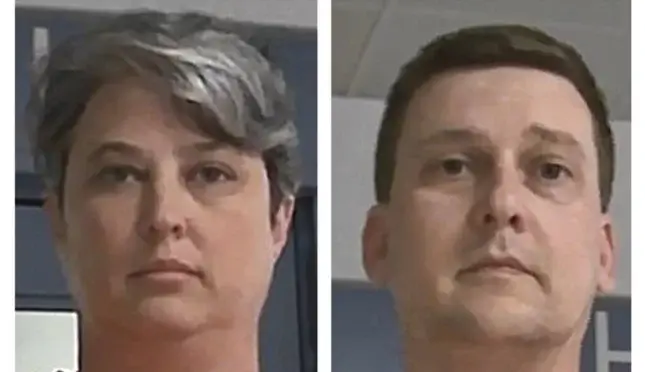 These booking photos released Oct. 9, 2021, by the West Virginia Regional Jail and Correctional Facility Authority show Jonathan Toebbe and his wife, Diana Toebbe. (West Virginia Regional Jail and Correctional Facility Authority via AP)