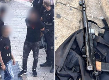 A suspect being arrested in Jaffa on September 8, 2022, and the ‘Carlo’ submachine gun which Israeli police found in his bag. Credit: Israel Police.