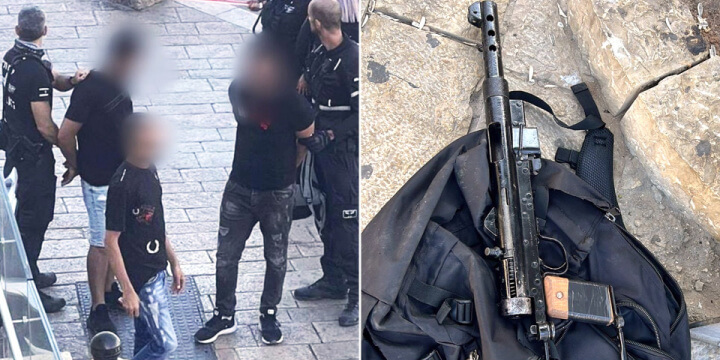 A suspect being arrested in Jaffa on September 8, 2022, and the ‘Carlo’ submachine gun which Israeli police found in his bag. Credit: Israel Police.