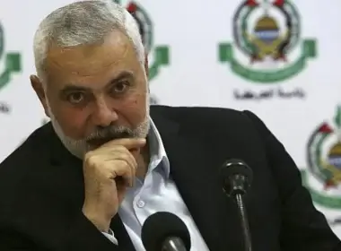 Hamas leader Ismail Haniyeh attends a meeting with foreign journalists in Gaza City on June 20, 2019. AP