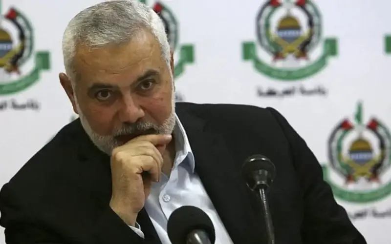 Hamas leader Ismail Haniyeh attends a meeting with foreign journalists in Gaza City on June 20, 2019. AP