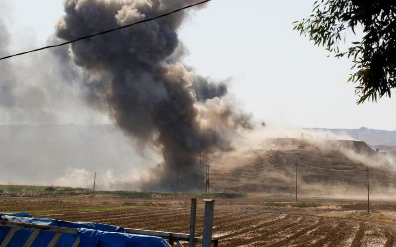 Smoke rises from the Iraqi Kurdistan headquarters of the Kurdish Democratic Party of Iran, after Iran's Revolutionary Guards' strike on the outskirts of Kirkuk, Iraq September 28, 2022. REUTERS/Ako Rasheed