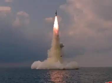 A North Korean submarine-launched ballistic missile is launched during a test in this undated photo released on Oct. 19, 2021. (KCNA via Reuters)