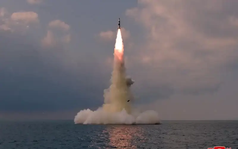 A North Korean submarine-launched ballistic missile is launched during a test in this undated photo released on Oct. 19, 2021. (KCNA via Reuters)