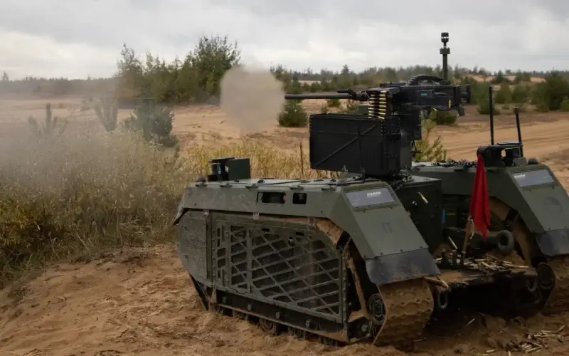 Armed Tracked Hybrid Modular Infantry Systems (or THeMIS) unmanned ground vehicles built by Estonia’s Milrem Robotics in training with the Royal Netherlands Army in an undated photo. (Milrem Robots/Royal Netherlands Army)