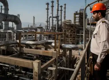 A security guard stands at his station at the Persian Gulf Star Co. gas condensate refinery in Bandar Abbas, Iran. (Ali Mohammadi/Bloomberg via Getty Images)