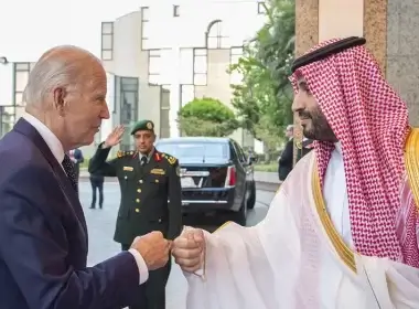 President Biden being welcomed by Saudi Arabian Crown Prince Mohammed bin Salman at Alsalam Royal Palace in Jeddah, Saudi Arabia on July 15. The prince reportedly mocked Biden in private and said he is unimpressed with him. (Royal Court of Saudi Arabia / Handout/Anadolu Agency via Getty Images)