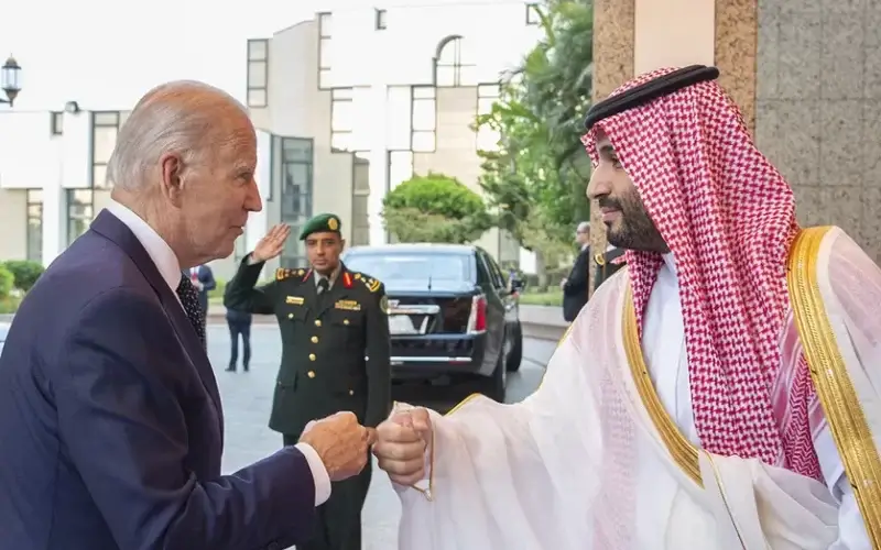 President Biden being welcomed by Saudi Arabian Crown Prince Mohammed bin Salman at Alsalam Royal Palace in Jeddah, Saudi Arabia on July 15. The prince reportedly mocked Biden in private and said he is unimpressed with him. (Royal Court of Saudi Arabia / Handout/Anadolu Agency via Getty Images)