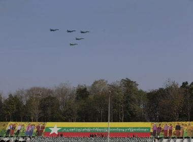 Myanmar military fighter jets, seen at a parade flyover in February, bombed a musical festival in Kachin State on Sunday, killing 80 musicians, spectators and rebel group officials, local reports said. File Photo by EPA-EFE