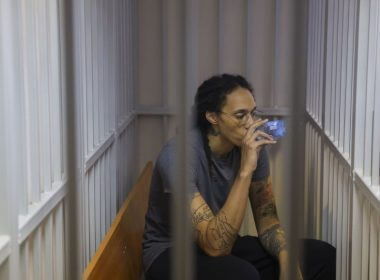 Basketball player Brittney Griner sits inside a defendant's cage before the court's verdict in Khimki City court outside Moscow on Aug. 4. Griner's appeal of her nine-year sentence was turned down Tuesday. File Photo by Evgenia Novozhenina/EPA-EFE