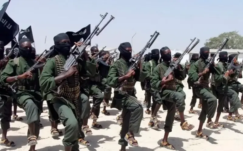 In this file photo, hundreds of newly trained al-Shabab fighters perform military exercises in the Lafofe area south of Mogadishu, in Somalia. (AP Photo/Farah Abdi Warsameh, File)