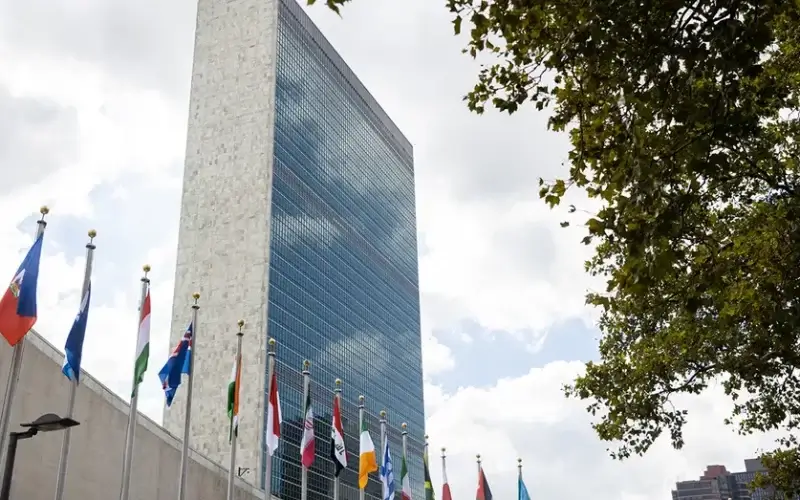 International flags outside the United Nations headquarters in New York Sept. 20, 2021. (Jeenah Moon/Bloomberg via Getty Images)