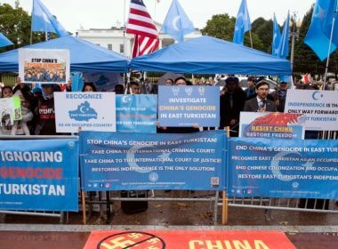 East Turkistan Awakening Movement holds a rally outside the White House against the Chinese Communist Party (CCP) to coincide with the 73rd National Day of the People's Republic of China in Washington, Oct. 1, 2022. AP