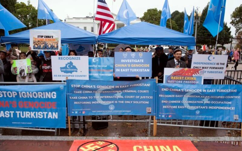 East Turkistan Awakening Movement holds a rally outside the White House against the Chinese Communist Party (CCP) to coincide with the 73rd National Day of the People's Republic of China in Washington, Oct. 1, 2022. AP