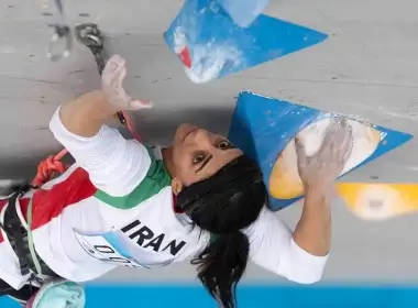 Iranian athlete Elnaz Rekabi competes during the women's Boulder Lead final during the IFSC Climbing Asian Championships in Seoul, Sunday, Oct. 16, 2022. (Rhea Khang/International Federation of Sport Climbing via AP)