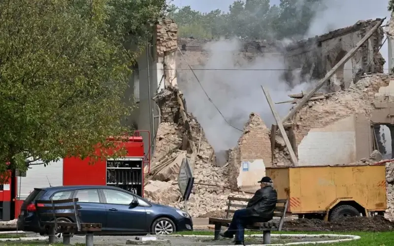 A building in Ukraine destroyed in a Russian strike with what local officials said were Iranian Shahed-136 drones on October 5. SERGEI SUPINSKY/AFP via Getty Images