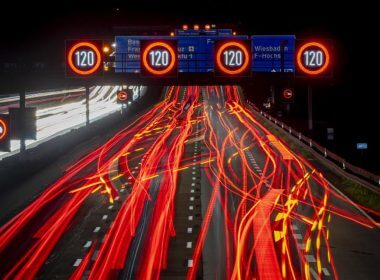 A long exposure photo shows traffic moving along a highway in Frankfurt, Germany, early Thursday, Oct. 6, 2022. (AP Photo/Michael Probst)