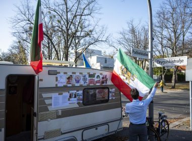 A protest camp of activists demonstrating against the Iranian regime stands in front of the Iranian Embassy in Berlin, Germany, Sunday, Oct. 30, 2022. AP
