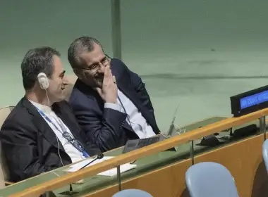 Iran's delegates look at each other while U.S. Secretary of State Antony J. Blinken addresses the 2022 Nuclear Non-Proliferation Treaty (NPT) review conference, in the United Nations General Assembly, Aug. 1, 2022. (AP Photo/Yuki Iwamura, File)